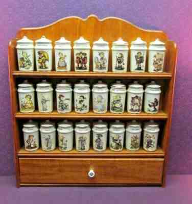 VINTAGE MJ HUMMEL PORCELAIN SPICE JARS 1987 DANBURY MINT 24 JARS W/ WOODEN RACK