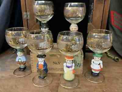 Vintage Goebel Hummel set of 6 Figure Stem Wine Glasses Gold Plated Crystal