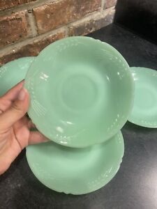 4 RARE vintage Fire King Jadeite “sheaves of wheat” pattern saucers EXCELLENT 