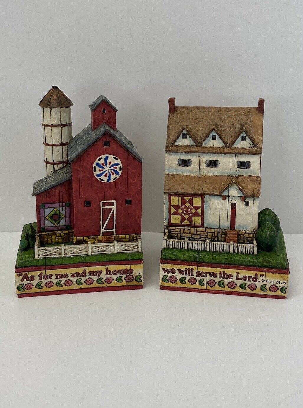 Jim Shore Farm Country House Barn Quilt Pair Bookends Prayer Heartwood Retired