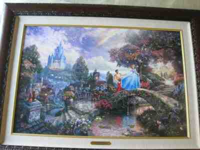 Kinkade TRIPLE SIGNED Disney Cinderella Wishes Upon A Dream 18x27 S/N Canvas