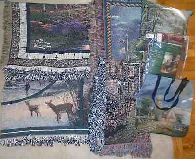 VINTAGE THOMAS KINKADE LOT TAPESTRY THROWS + TAPESTRY PILLOW + TAPESTRY TOTE BAG