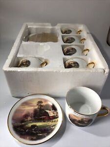 Vintage 2003 Thomas Kinkade Cup & Plate Coffee Set Sunset at Riverbend Farm