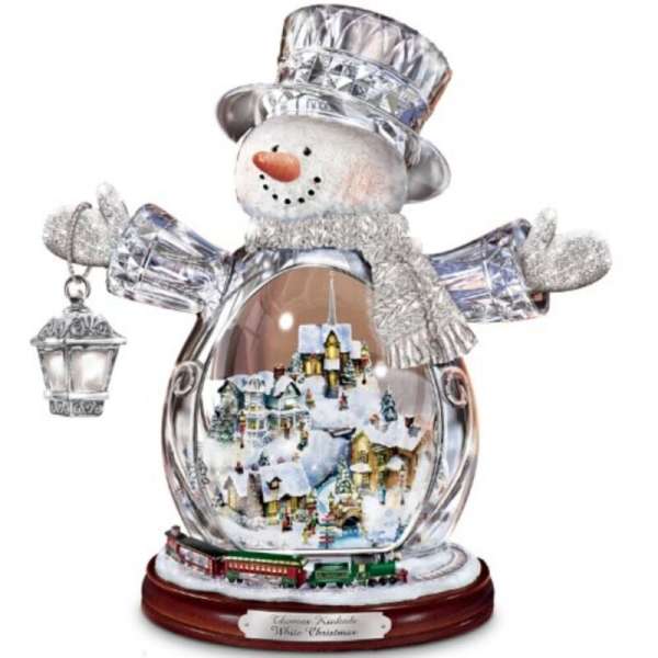 Bradford Thomas Kinkade White Christmas Crystal Snowman Decor Village Train 10"