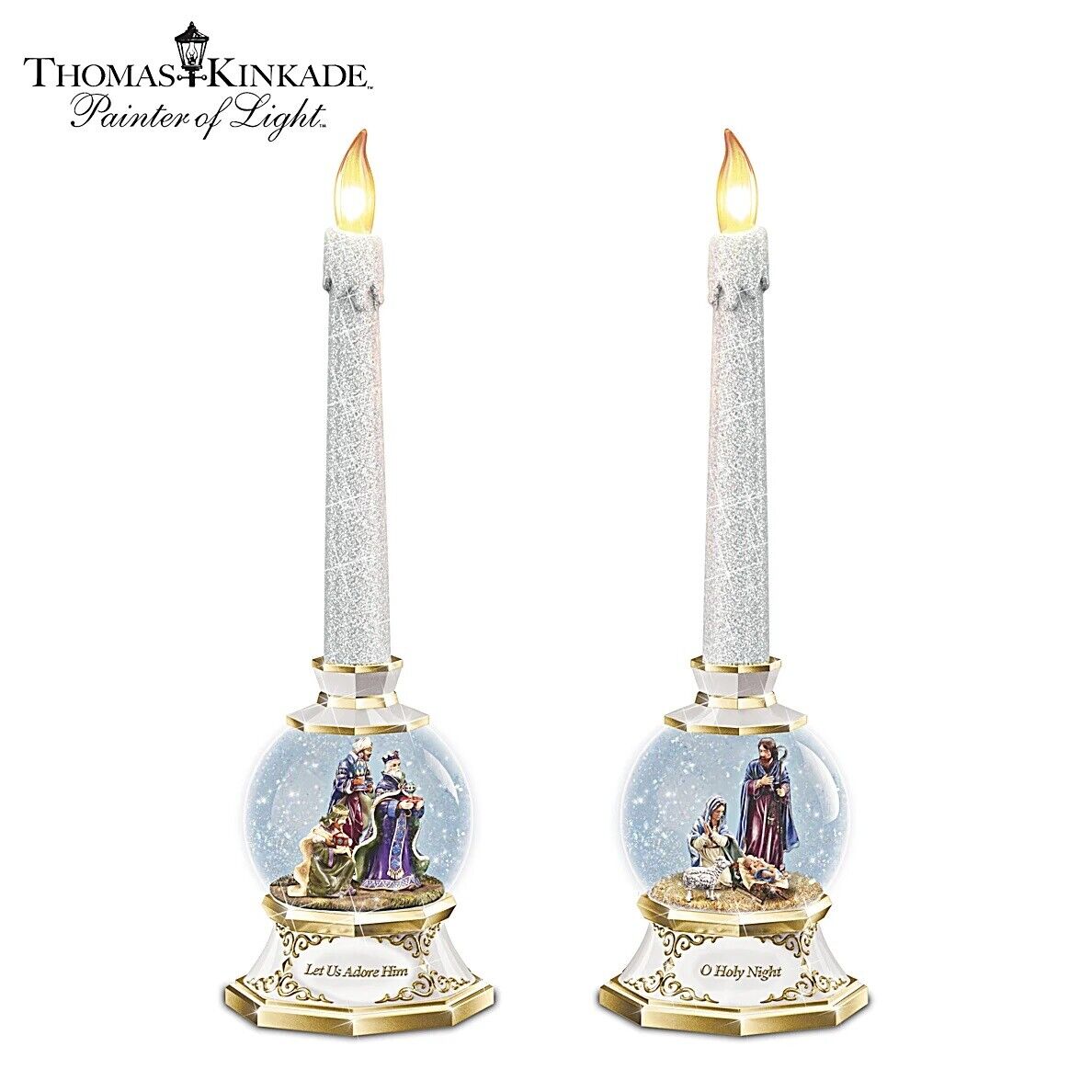 Thomas Kinkade Lights Of The Season Nativity Snowglobe Flameless Candles 12"