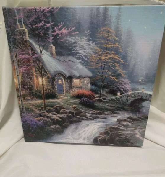 Twilight Cottage Canvas 14 x 14 Painting by Thomas Kinkade with COA