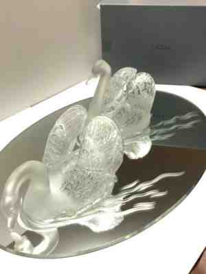 Lalique Glass Swans With Mirror, Original Box