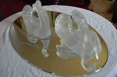 LALIQUE SIGNED PAIR SWAN CYGNES LARGE HEAD UP DOWN SWAN MIRROR CRYSTAL SCULPTURE