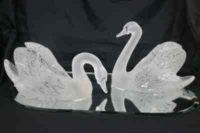 Lalique Frosted Glass Swans on MIrror Plateau