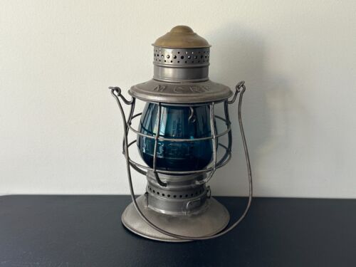 Antique Vintage - M.C.R.R. - Brass Top Bell Bottom RR Lantern - TEAL Cast Globe