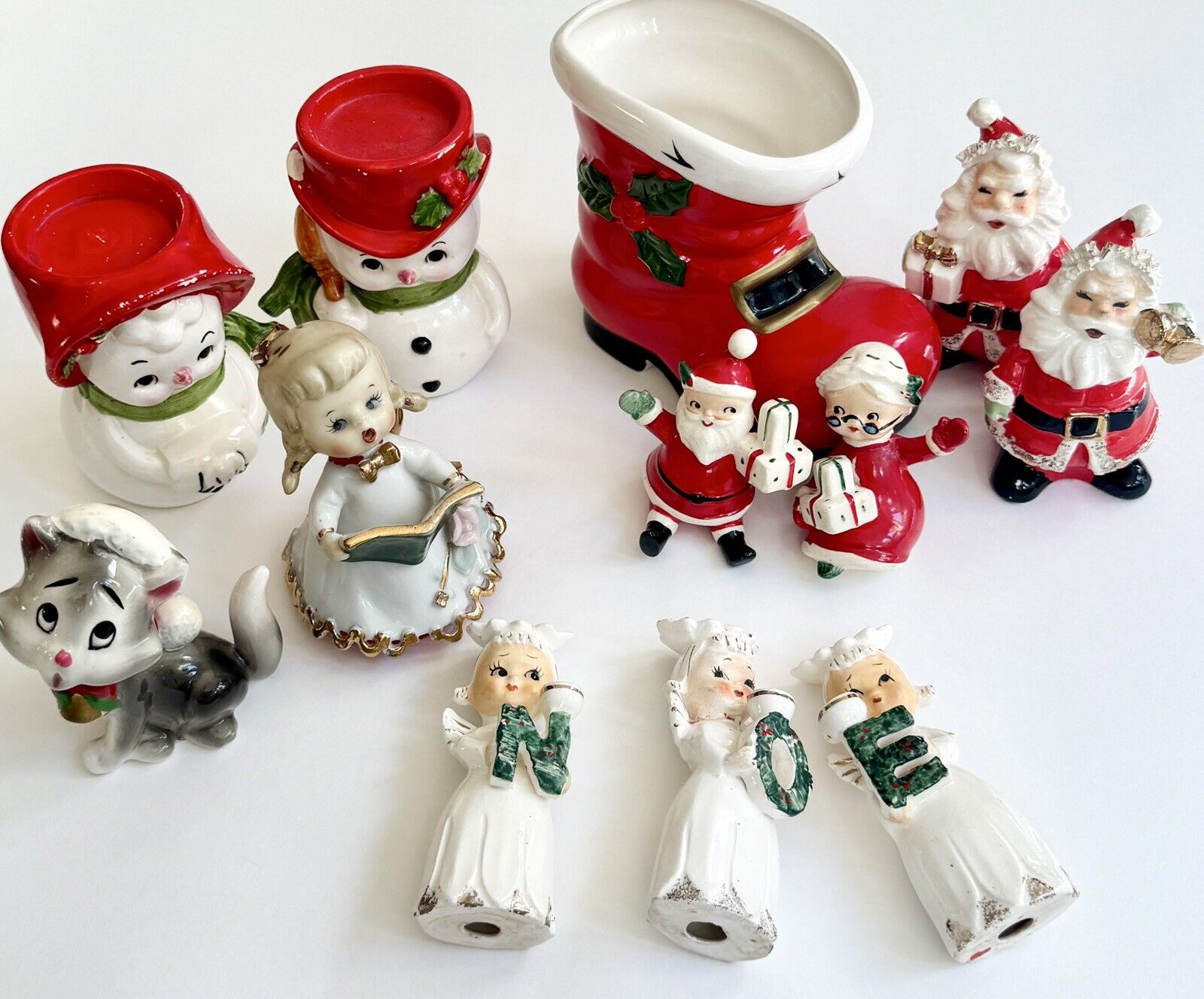Vintage Lefton Christmas Figurine Lot of 12 Sant Boot Mrs Claus Angel Snowman