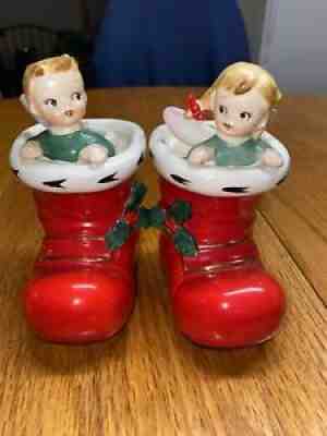 VTG LEFTON CHRISTMAS SANTA BOOTS Red W/ Holly Ceramic Candle holder Angels 1906