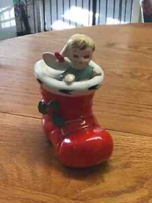 VTG LEFTON CHRISTMAS SANTA BOOT Red W/ Holly Ceramic Candle holder Angel 1906