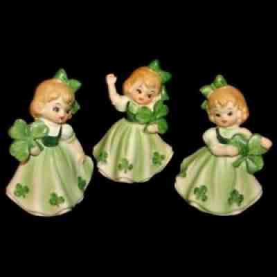 4 Lefton outlets Japan Irish Shamrock Girl Ceramic St Patrick's Day Pinafore Ponytail