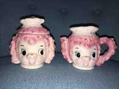 Rare Vintage 50s Lefton Japan Ceramic Pink Poodle Dog Chef Creamer & Sugar Set