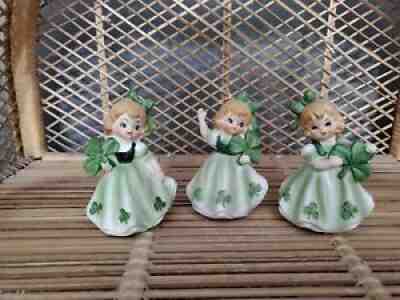 4 Lefton outlets Japan Irish Shamrock Girl Ceramic St Patrick's Day Pinafore Ponytail