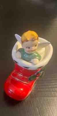 Vintage Lefton Angel Boy in Santa Boot. Christmas Candle Holder. Japan