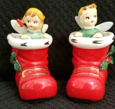 Vtg Lefton Angel Boy & Angel Girl in Santa Boot. Christmas Candle Holder. Japan