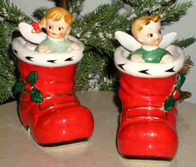 Vtg Lefton Angel Fairy Boy & Girl Santa Boot Christmas Candle Holders to repair