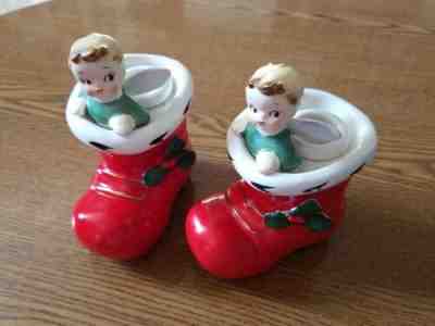 2 - Vintage Lefton Angel Boy in Santa Boot Christmas Taper Candle Holder - Japan