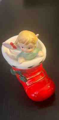 Vintage Lefton Angel Girl in Santa Boot. Christmas Candle Holder. Japan