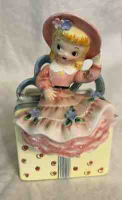 Vintage Lefton Planter-Girl in Pink Dress on a Birthday Present w/bow Japan 1957