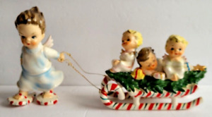 Rare HTF Vintage LEFTON Christmas Angels on Candy Cane Sled Figurine Retro