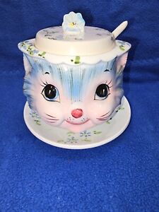 Vintage Lefton #1515 Miss Priss Kitty Cat Kitten Jam Jar With Lid