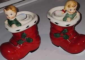 Vintage LEFTON 1950 GIRL And Boy ANGEL in a Christmas BOOT Candleholder