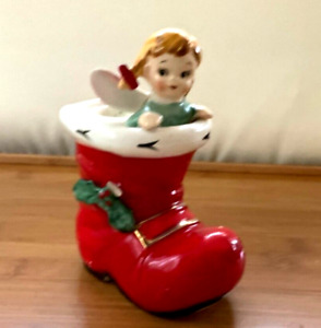 Vintage 1950 Lefton Angel in a Christmas Boot Candleholder
