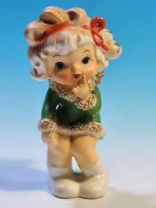 Vintage RARE CHRISTMAS December Angel Girl figurine Marika Lefton Green Dress