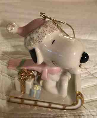 LENOX Ornament Snoopy Woodstock Gold Ivory Pink 2002 Snoopy's Sledding Adventure