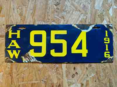 Porcelain License Plate Sign HAWAII 954 1916 Motor Oil gas service station car