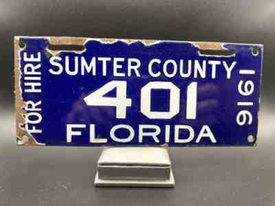 Old 1916 Florida FOR HIRE Porcelain License Plate RARE Sumter County