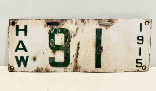 1915 Hawaii County Pre Territorial Pre State Porcelain License Plate 91 Green TU
