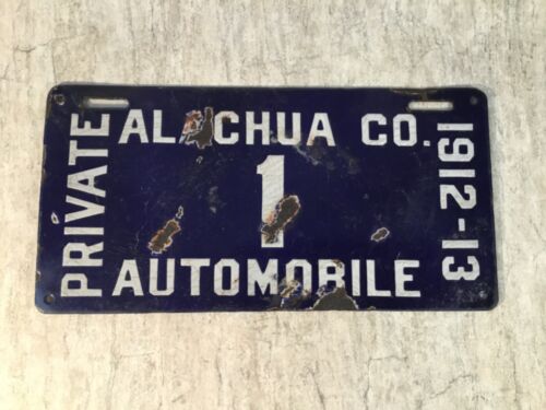 RARE 1912 1913 Alachua Co Florida FLA FL PORCELAIN  # 1 License Plate First Tag