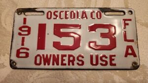 1916 Osceola Florida License Plate, ALL ORIGINAL Porcelain Antique