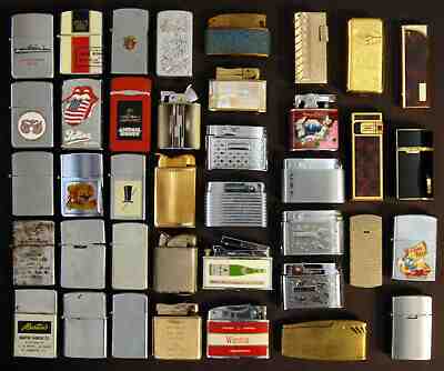 Lot oif 39 Various Vintage Butane Lighters Penguin Bentley Zippo AS-IS FOR PARTS