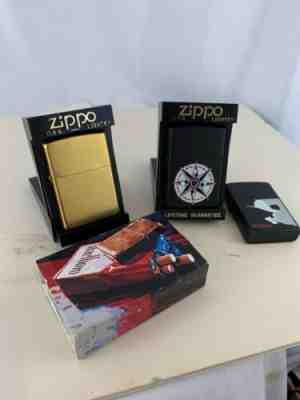 3 Marlboro Cigarettes Zippo Lighters- Compass Rose, Cowboy & Gold Street MIB