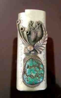 Vintage Sterling Bic Lighter Cover Punch Design Stag Turquois