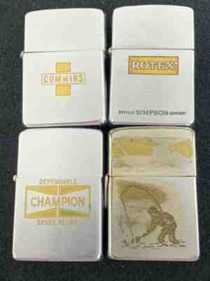 4 Well Loved Zippo Lighters Advertising CHAMPION, Cummins, Rotex, LossProof Fish