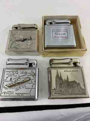 4 Vintage Pocket Lighters / IBELO & COLIBRI Monopol With Graphics Very Nice!