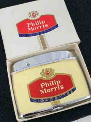 Vintage Flat Advertising Pocket Lighter - Philip Morris Cigarettes - Mint In Box