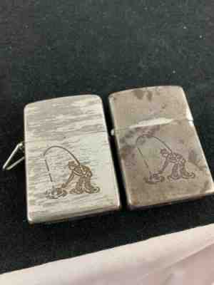 TWO 1953 Steel Case Zippo Lighters - FISHERMAN - One Is LossProof