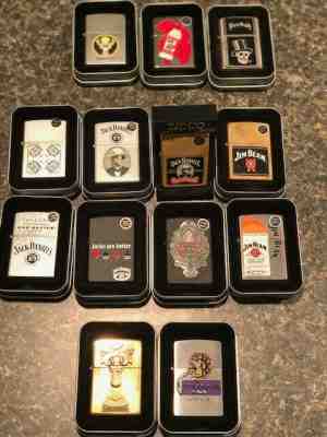 Zippo Lot of 13!, Vintage - Jack Daniels, Jim Beam, Black Death, Jagermeister 