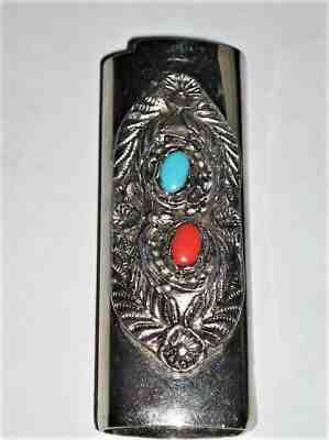 VINTAGE BIC SILVER LIGHTER CASE ORNATE DESIGN WITH TURQUOISE & CORAL STONES