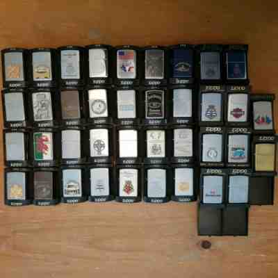 Collection Of 38x Rare Boxed Zippo Lighters US & UK Navy Celtic Scrimshaw etc 