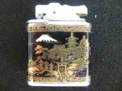 ANTIQUE, Vintage PRINCE Japanese Damascene Super Lighter MOUNT FUJI Black & Gold