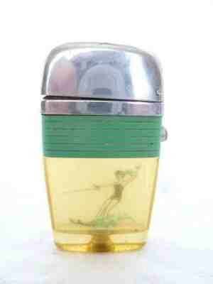 Green Striped Scripto Advertising Lighter Salem Cigarettes Woman Sking