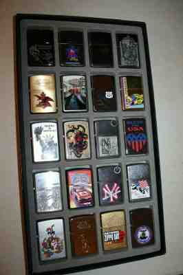 Collection of 20 various ZIPPO Lighters as a lot with display case, Never Lit